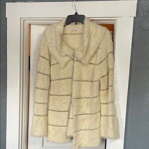 Sioni Cream Teddy Jacket with Gray Stripe Detail